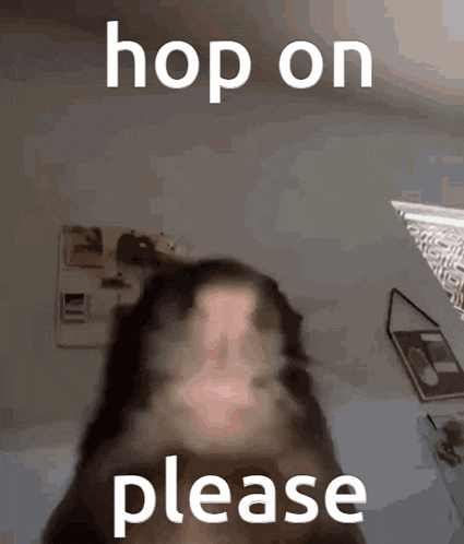 a picture of a cat with the words hop on please written on it