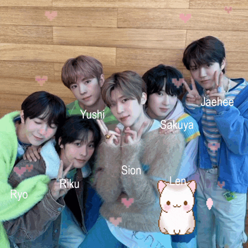 a group of young men posing for a picture with their names including yushi sion riku and jaehee
