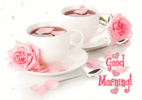 a greeting card with two cups of coffee and pink roses that says good morning
