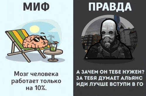 a cartoon of a brain sitting in a chair next to a picture of a man in a gas mask