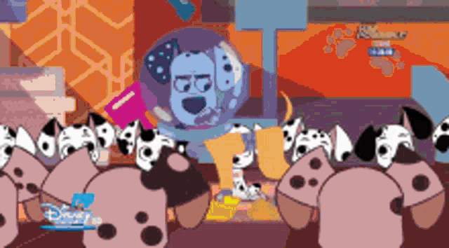 a group of dalmatian dogs are standing in a room with a disney logo on the bottom right