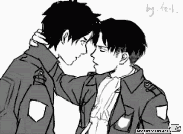 a black and white drawing of a man kissing another man with nyannyan.pl written on the bottom