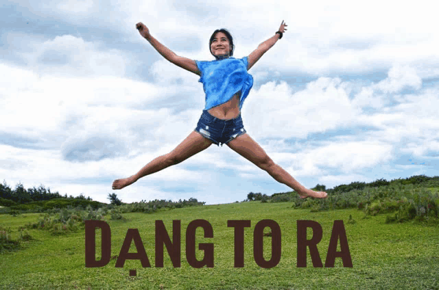 a woman is jumping in the air with the words dang to ra written below her