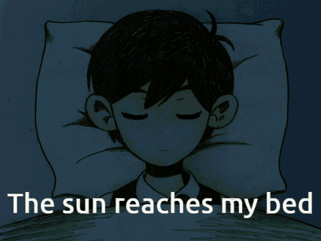 a drawing of a boy laying in bed with the words " the sun reaches my bed " below him