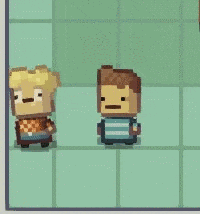 two pixel characters are standing next to each other on a green tile floor .
