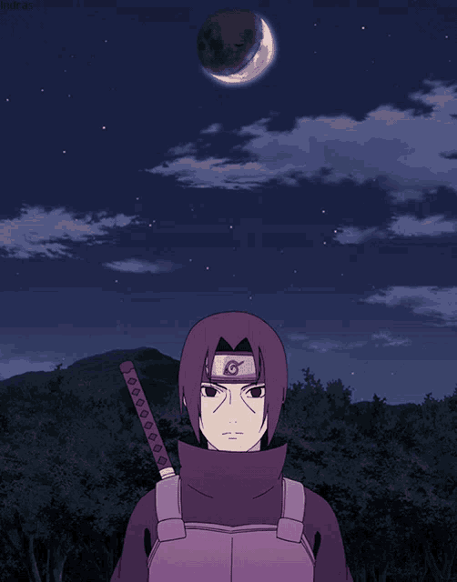 a drawing of a man with a sword and a crescent moon in the background