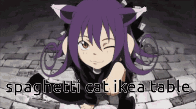 a cartoon girl with cat ears and the words spaghetti cat ike a table