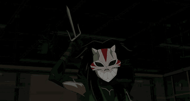 a cartoon character is wearing a mask with a cat face on it
