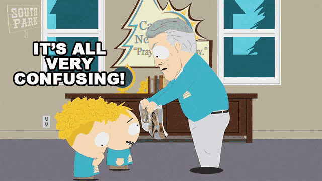 a south park cartoon shows a man giving a magazine to a child