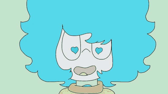 a cartoon drawing of a person with blue hair and hearts in their eyes