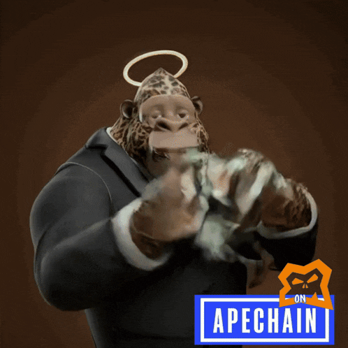 a cartoon of a man holding a bunch of money next to a sign that says on apechain