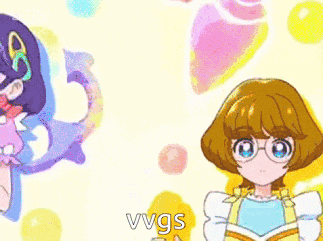 a cartoon girl is holding an ice cream cone next to another girl with glasses .