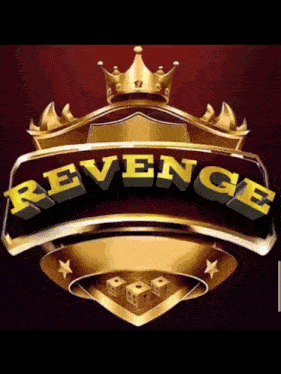 a logo for revenge has a crown and dice on it