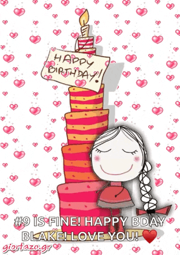 a birthday card with a girl holding a stack of birthday cakes