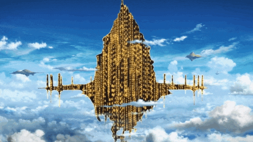 a large building is floating in the sky