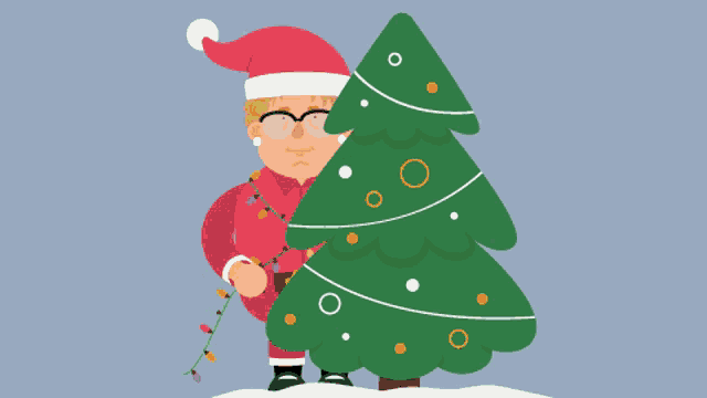 a woman dressed as santa claus decorating a christmas tree