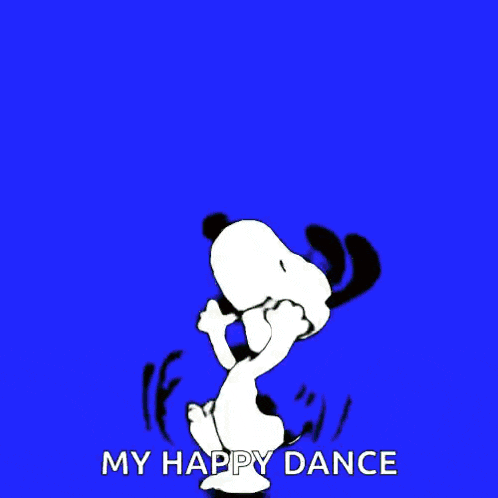 a cartoon of snoopy jumping in the air with the words my happy dance written below him