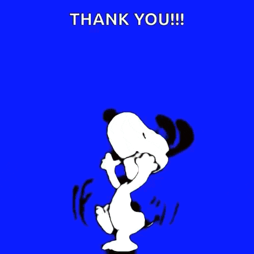 snoopy is jumping in the air with a thank you message