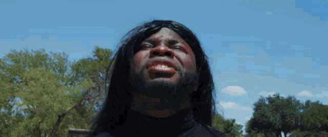 a man with long hair and a beard is standing in front of trees and a blue sky