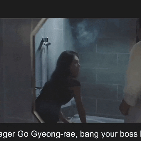 a woman in a bathtub with the words " go gyeong-rae bang your boss " on the bottom
