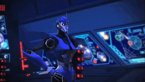 a robot is sitting in a dark room with its arms outstretched .