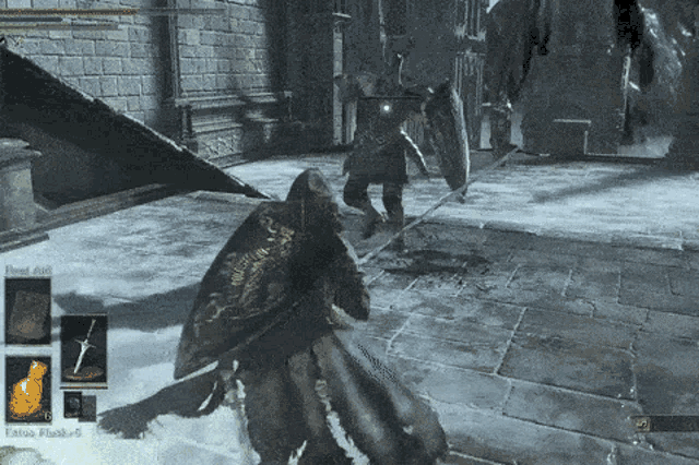 a video game screen shows a knight fighting another knight
