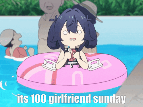 a cartoon of a girl in a pink float with the words " its 100 girlfriend sunday " below her