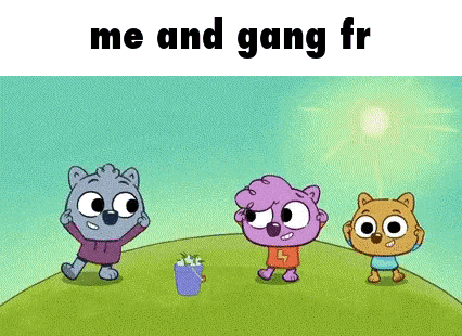 a group of cartoon characters are standing next to each other on top of a grass covered hill .