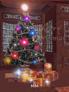 a room with a christmas tree and presents and the word mm on the bottom right