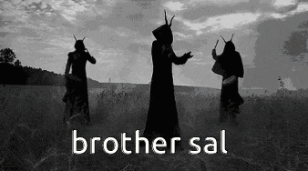 a black and white photo of three people in a field with the words brother sal