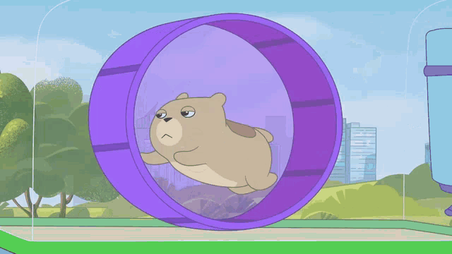 a cartoon dog is running in a purple wheel