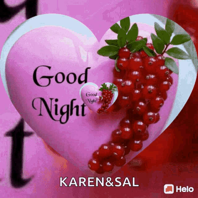 a heart shaped pillow with red berries and the words good night written on it