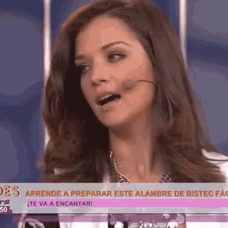 a woman is talking into a microphone on a television screen