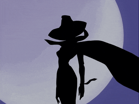 a silhouette of a woman wearing a large hat