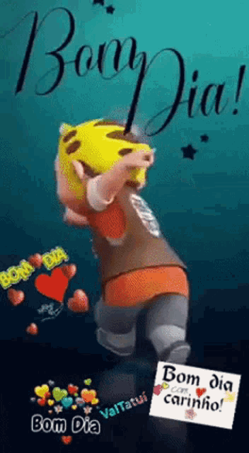 a picture of a cartoon character with the words bom dia on it