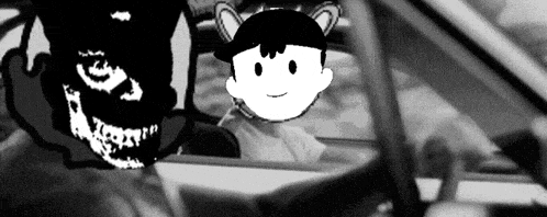 a black and white photo of a cartoon character sitting in a car