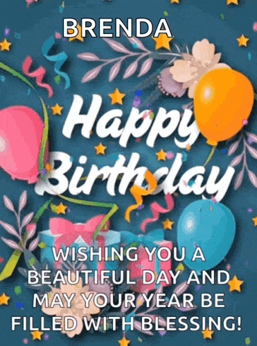a happy birthday card for brenda with balloons and flowers