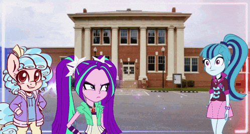 a cartoon drawing of three girls standing in front of a brick building