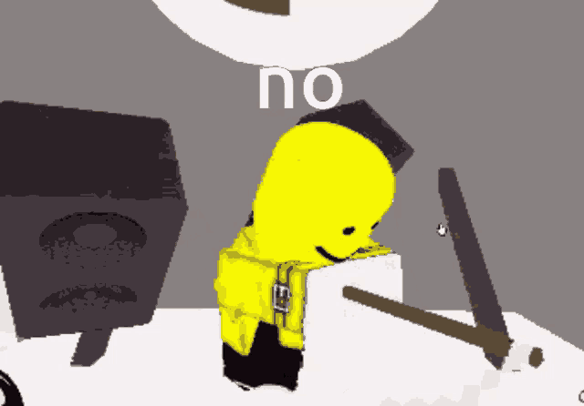 a cartoon character with the word no written above him