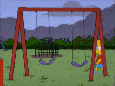 bart simpson stands in front of a swing set