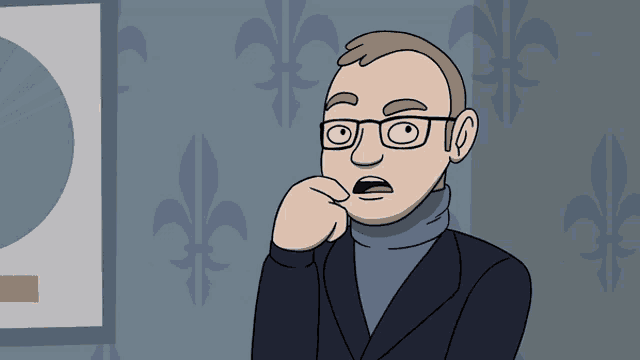 a cartoon of a man with glasses and a blue sweater