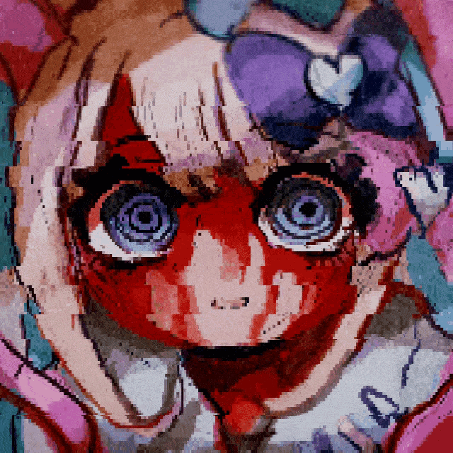 a pixel art of a girl with blue eyes and a bow