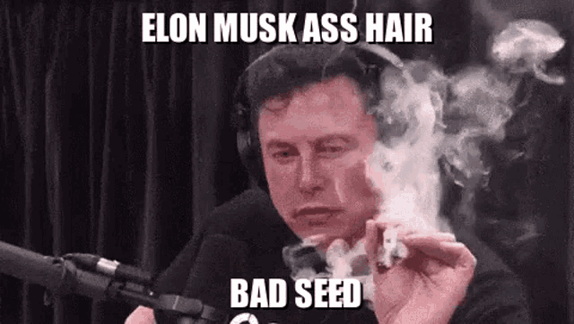 elon musk is smoking a cigarette in front of a microphone while wearing headphones and a bad seed meme .
