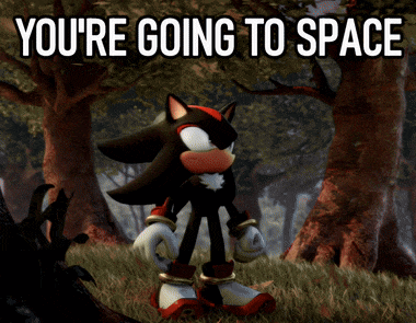 shadow the hedgehog is standing in a forest with the words you 're going to space above him
