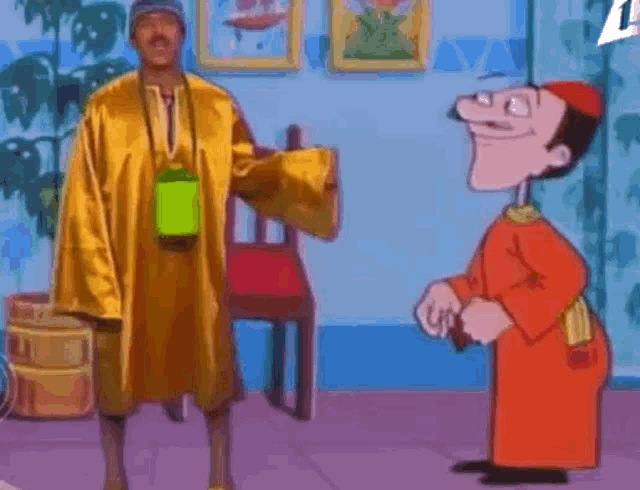 a man in a yellow robe is standing next to another man in an orange robe