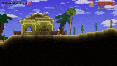 a screenshot of a video game shows a cactus and a house