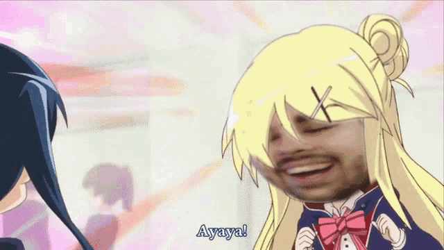a cartoon of a girl with blonde hair and the words ayaya on the bottom