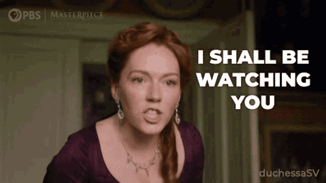 a woman says i shall be watching you in a purple dress