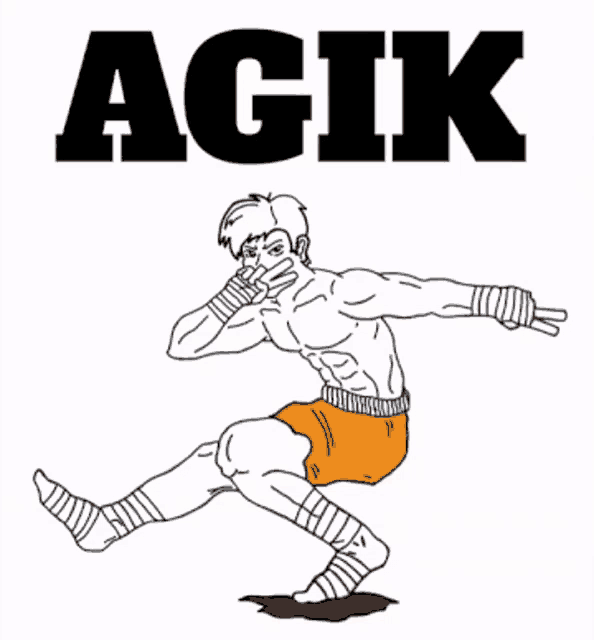 a black and white drawing of a man in orange shorts with the word agik above him