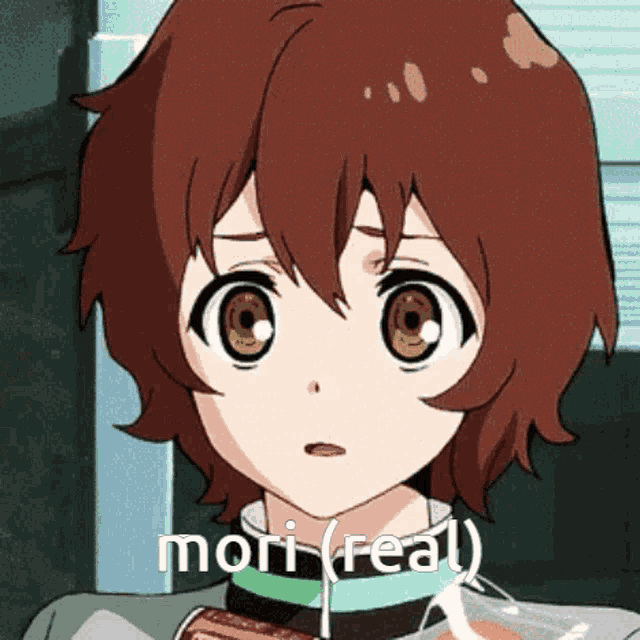 a close up of a anime character with the words mori ( real ) above her